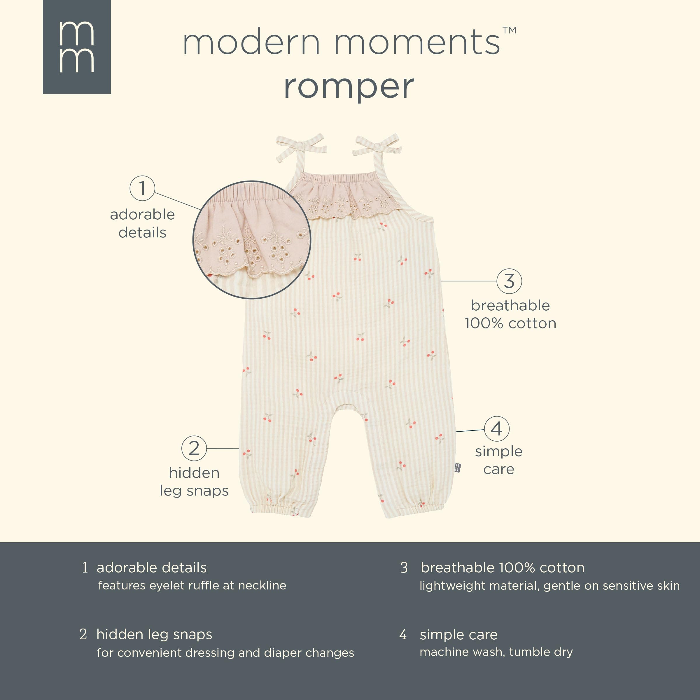 Modern Moments by Gerber Baby Girls' Sleeveless Ruffle Romper, Beige Cherry Stripe, 18 Months