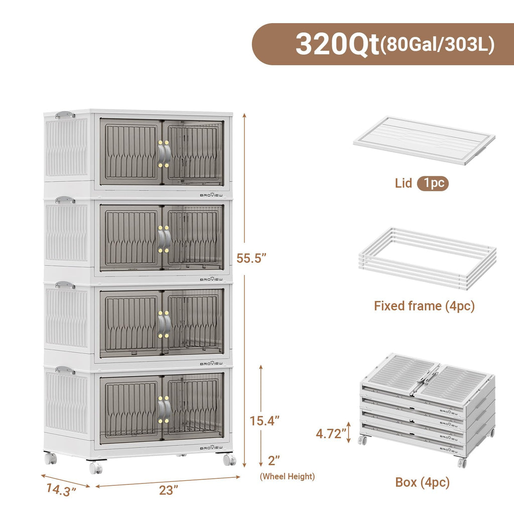 BROVIEW 320Qt Stackable Storage Bins with Lid, Extra Large Closet Organizer Collapsible Drawer Boxes with Wheels, Folding Plastic Cabinet Containers for Home Kitchen Room Organization, 4Pack White