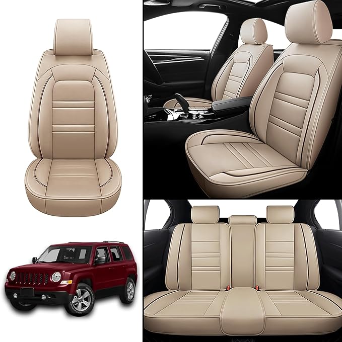 Seat Covers for JP Patriot 2009-2017 | 5-Seats Leather Seat Covers, Easy to Install Automotive Seat Covers Full Set (Full Set, Beige)