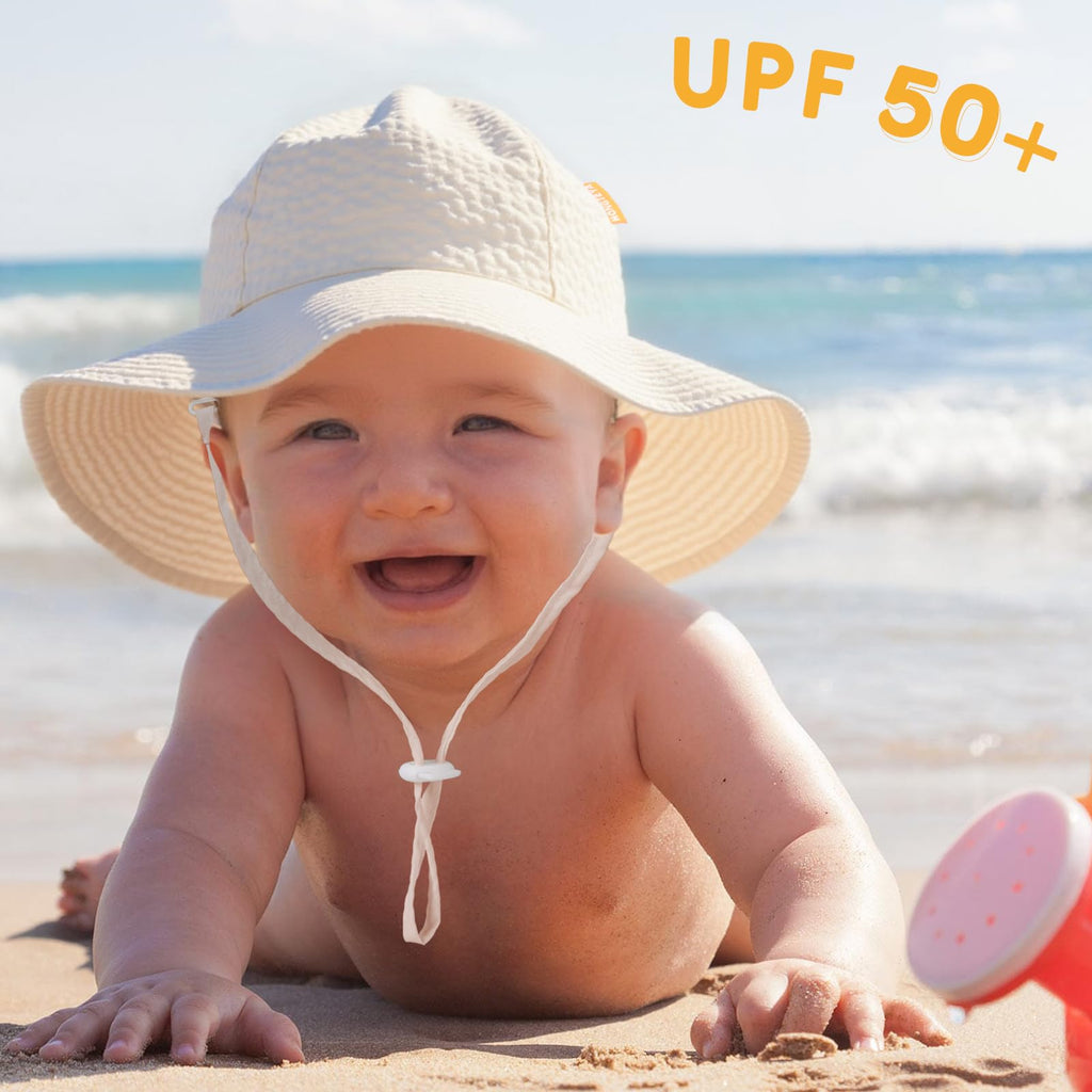 HONGTEYA Baby Sun Hat Toddler Girl Beach Hat Adjustable Outdoor Summer Hat UPF 50+ Sun Protection Wide Brim Infant Kids (US, Age, 0 Months, 6 Months, Khaki)