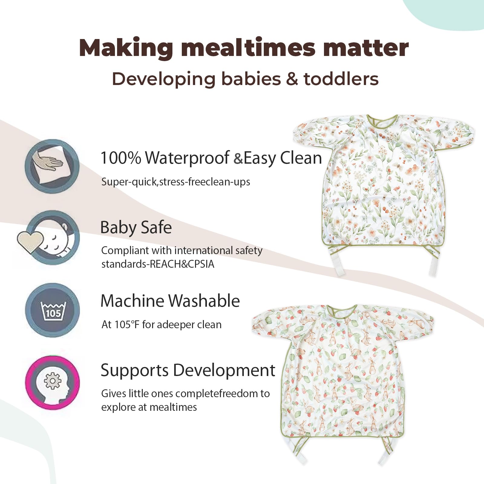 Happy Flute Long Sleeve Baby Bib-Mess Proof Baby Feeding Bibs with Adjustable Design,Long Sleeve Bibs for Babies during Eating or Highchair Use