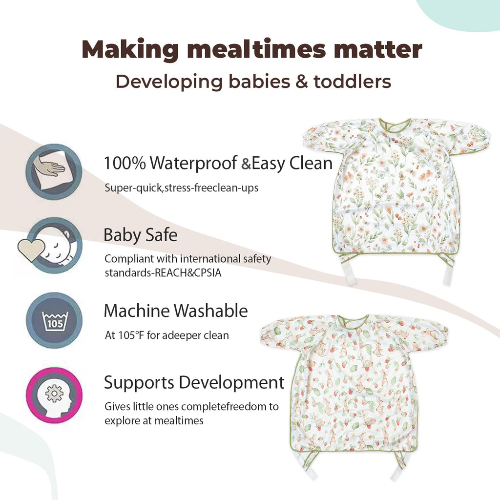 Happy Flute Long Sleeve Baby Bib-Mess Proof Baby Feeding Bibs with Adjustable Design,Long Sleeve Bibs for Babies during Eating or Highchair Use