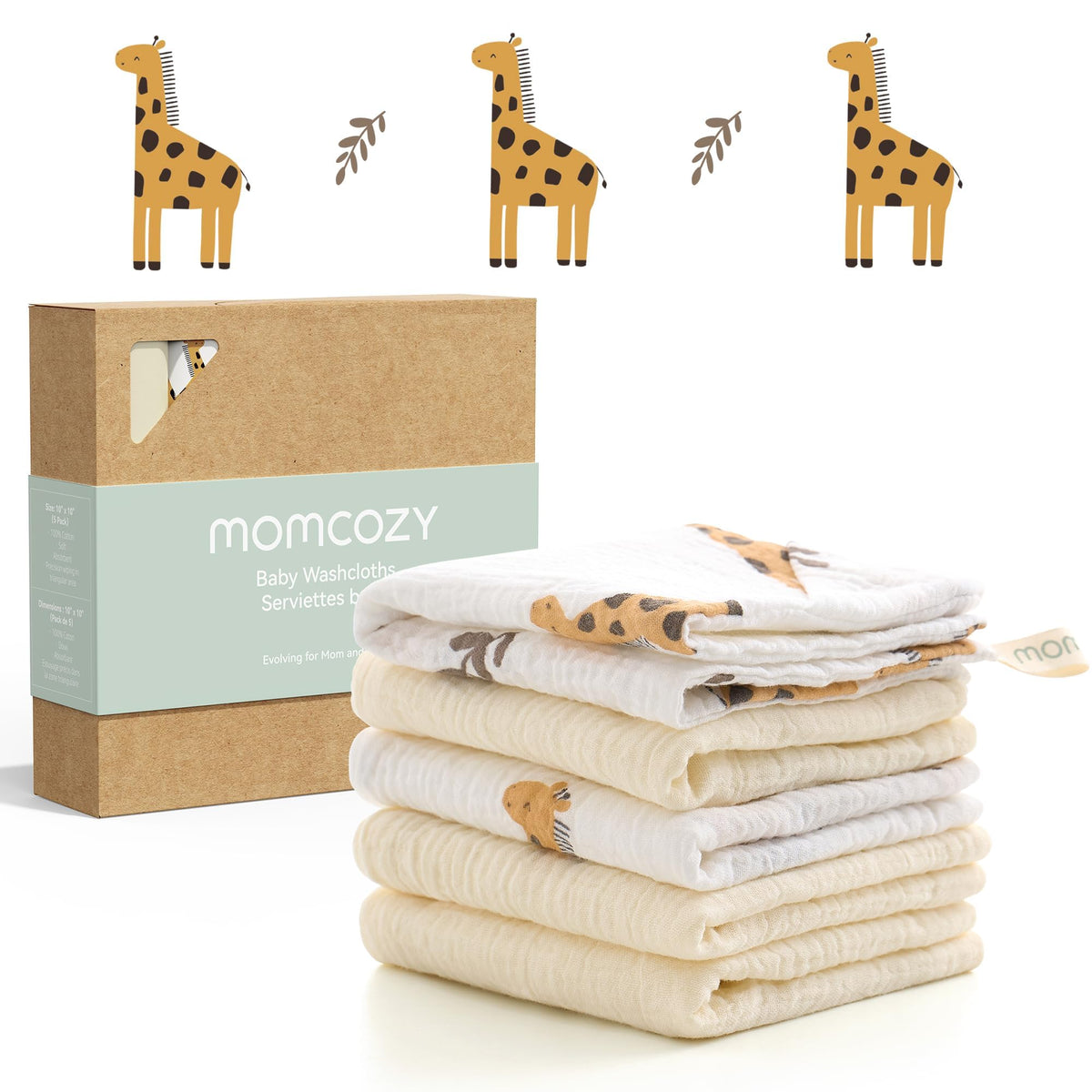 Momcozy 4-Layer Cotton Baby Washcloths, 5 Pack, Soft & Absorbent，Blue