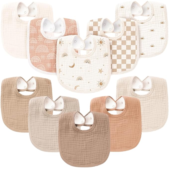 Konssy 10-Pack Muslin Baby Bibs, Soft Cotton Bandana Bibs for Drooling & Teething, Unisex Solid Colors for Boys & Girls, Newborn & Infant