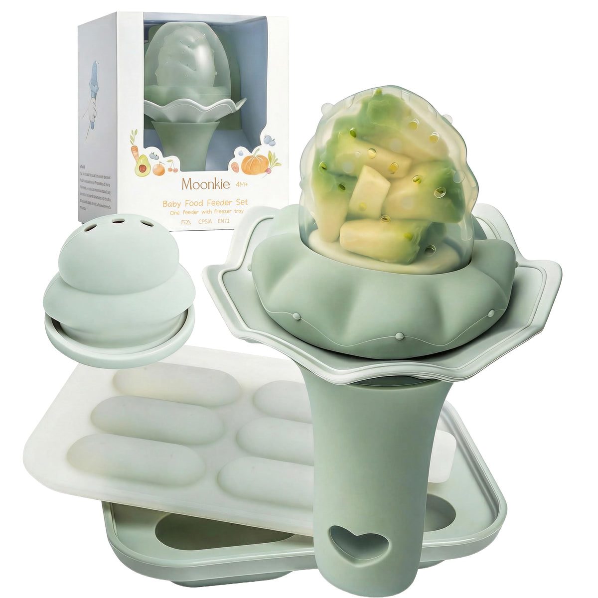 Moonkie Baby Fruit Feeder for Self-Feeding: Controlled Flow Design with 2 Pouches for Safe First Foods - BPA Free Silicone Food Feeder with Freezer Tray for Cooling Comfort - 4 Months+ - 1 Pack