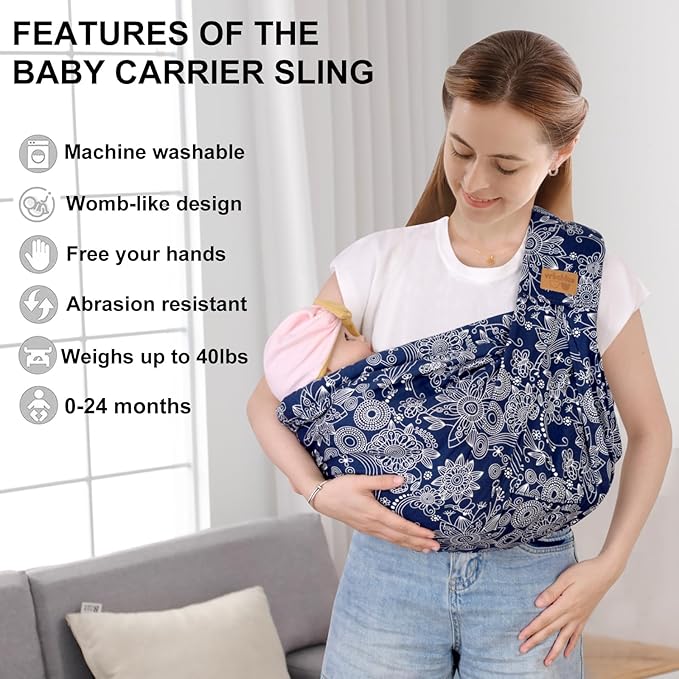 Baby Sling Carrier Newborn, Adjustable Easy Wearing Baby Nursing Warp Sling, New Mom Dad Soft Cotton Baby Front Holder Carrier for Infant Toddler Life Travel Essential Gifts (Dark Blue)