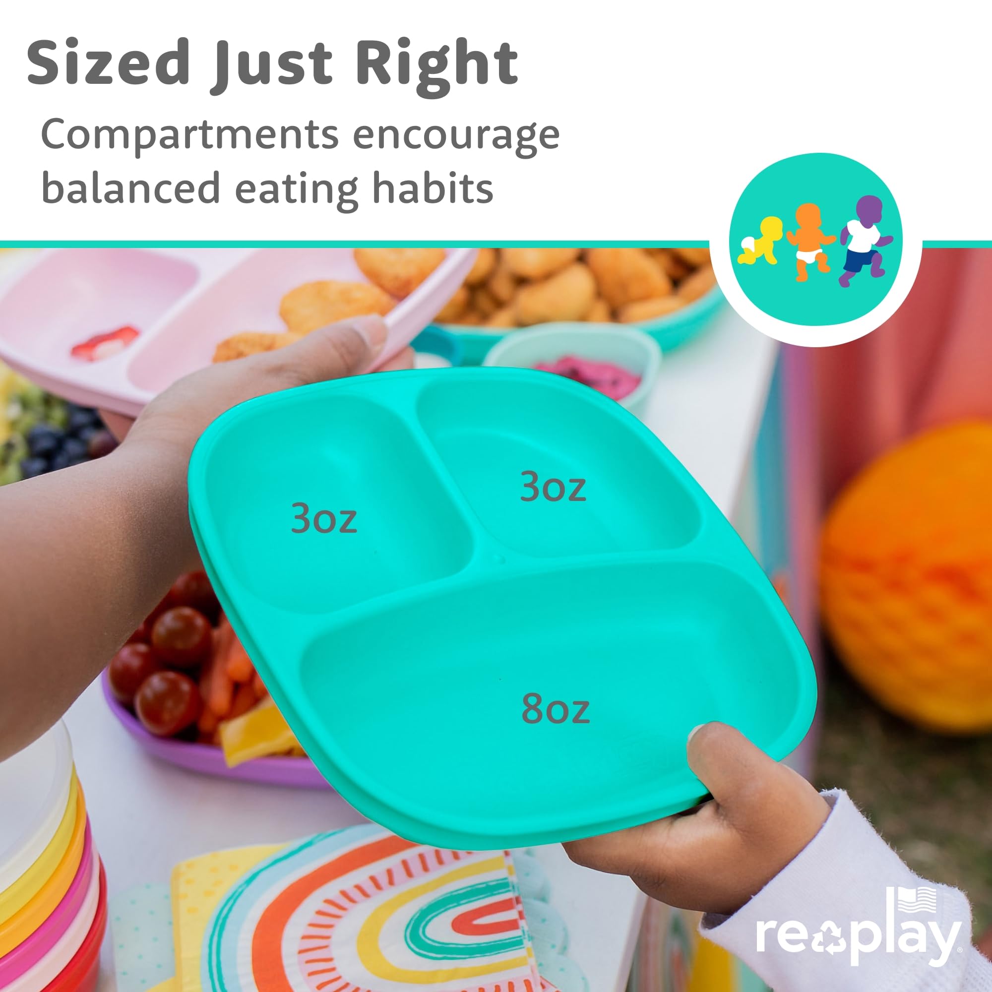 Re-Play Toddler Dinnerware Set - 3 Divided Plates, 3 Snack Bowls & 3 Fork and Spoon Sets - BPA-Free Kids Tableware - Dishwasher Safe - Made in USA from Recycled Materials, True Blue