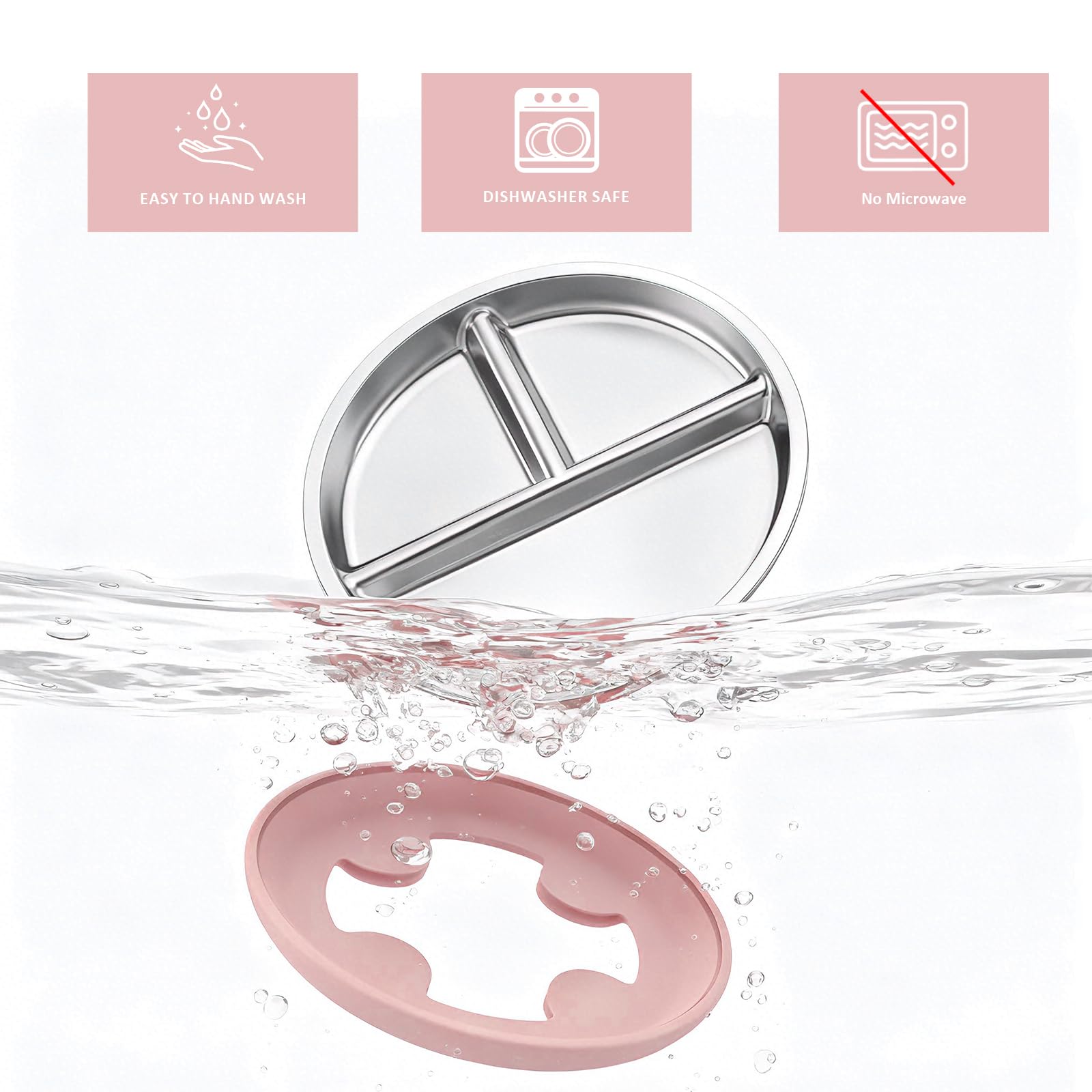 Bakpoco 9" Stainless Steel Divided Toddler Plates with Removable Suction