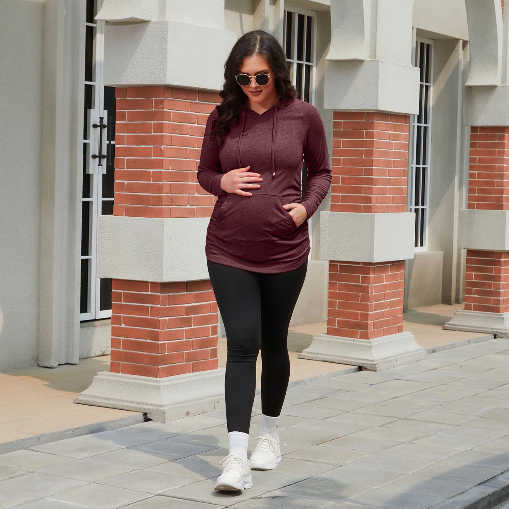 GINKANA Maternity Hoodie Long Sleeves Shirts Top Pregnancy Sweatshirt Casual Maternity Blouses,Maroon,XL