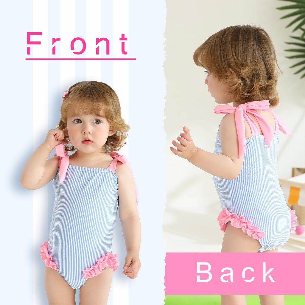 Happy Town Toddler Swimsuit Girl Solid Color Stripe One-Piece Baby Bathing Suits (Blue Stripes, 5-6 Years)