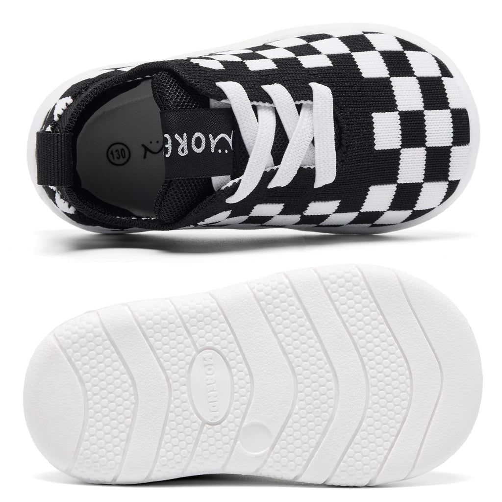 MORENDL Toddler Shoes Baby Walking Sock Shoes Infant Sneakers Boy Girl Barefoot Tennis Shoe Non-Slip Brethable Black Check 15-18 Months