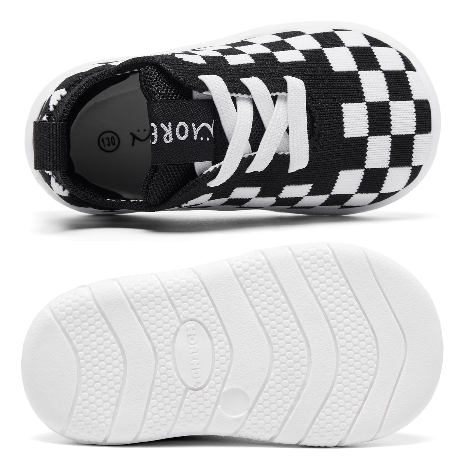 MORENDL Toddler Shoes Baby Walking Sock Shoes Infant Sneakers Boy Girl Barefoot Tennis Shoe Non-Slip Brethable Black Check 15-18 Months