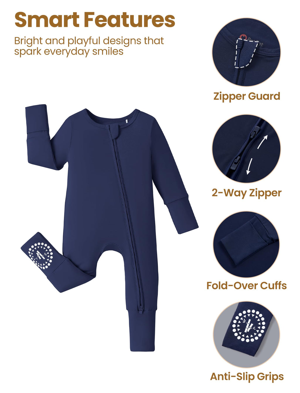 PATPAT Baby Footies Boys Girls - Bamboo Viscose - 2 Way Zipper & Non-Slip Soles Romper Mitten - Footed & Footless Infant Clothes Unisex Jumpsuit 2 Pack Midnight Blue/Grey/White 12-18 Months Black
