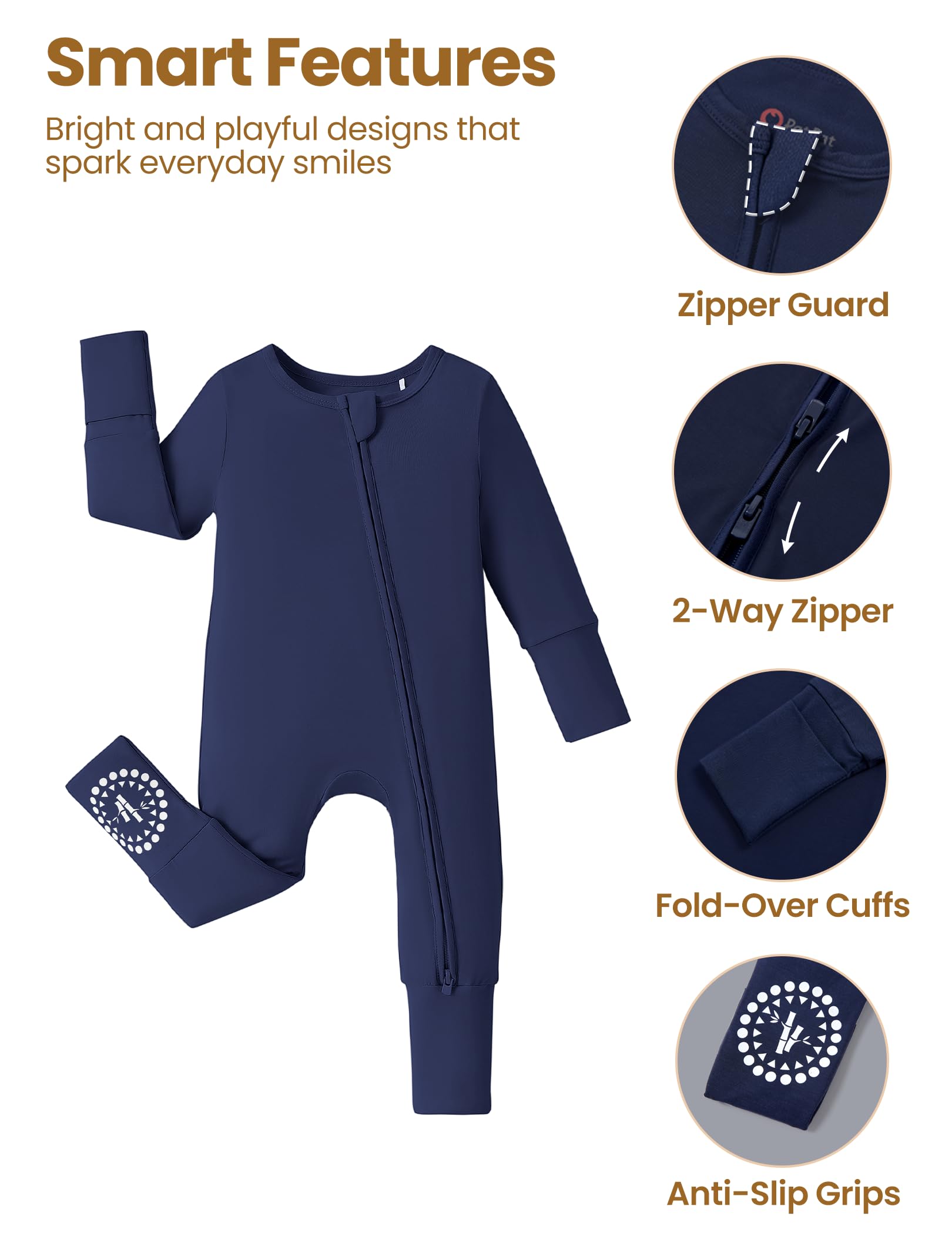 PATPAT Baby Footies Boys Girls - Bamboo Viscose - 2 Way Zipper & Non-Slip Soles Romper Mitten - Footed & Footless Infant Clothes Unisex Jumpsuit 2 Pack Midnight Blue/Grey/White 12-18 Months Black