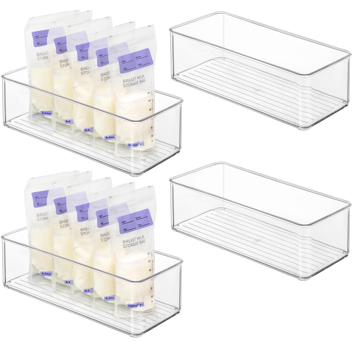 Hudgan 4 Pcs Storage Container Breastmilk for Fridge, Clear Organizer Bins for Milk Bags, Plastic Storage Bins for Freezer,Pantry, Bottles Bathroom, Vanity, Drawer and Yogurts,4.4" Wide