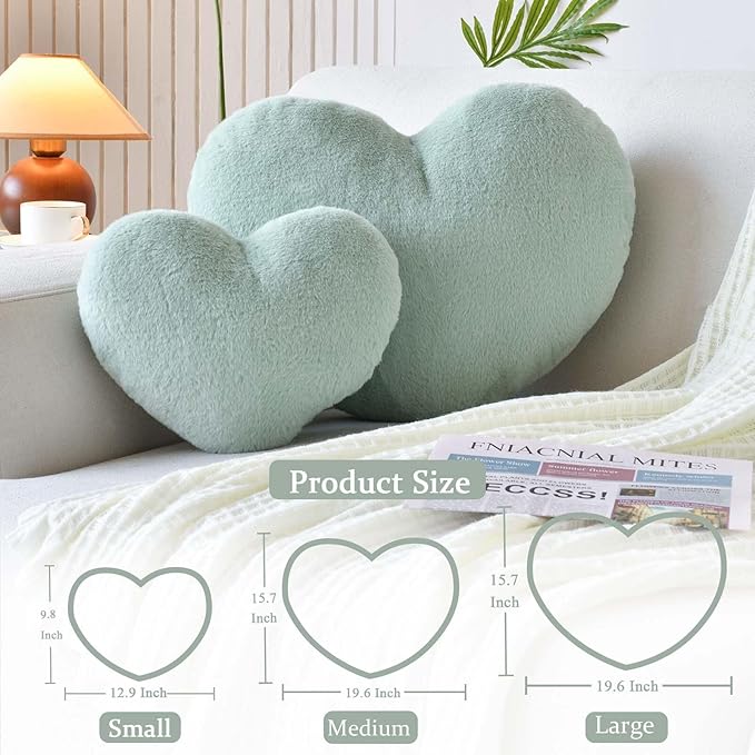 Sage Green Heart Pillows, Cute Heart Decorative Pillow, Heart Shaped Throw Pillows for Bed, Faux Rabbit Fur Plush Hoom Decor Pillow Cushion for Chair Sofa Living Room (Large-19.6"x15.7")