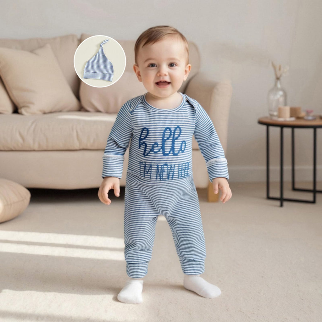 Fernvia Newborn Baby Boy Clothes Letters Print Bodysuit 3 6 9 12 18 Months Long Sleeve Jumpsuit with Hat 2PCS Outfits Set (D Blue, 3-6 Months)