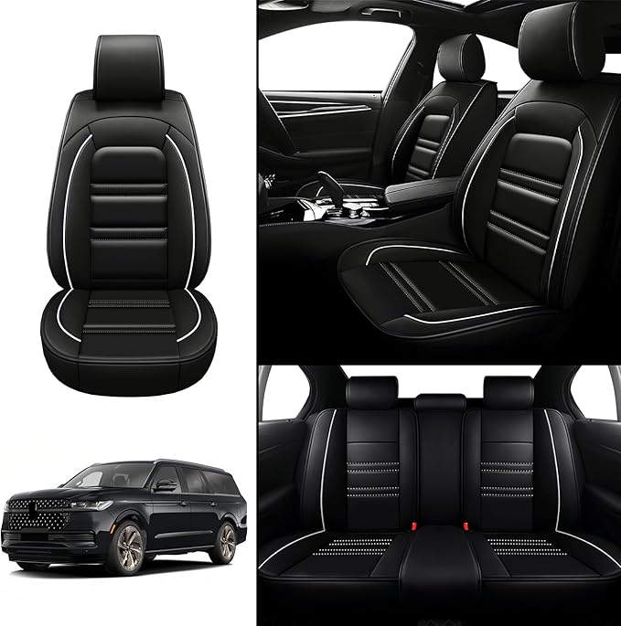 Seat Covers for Lincoln Navigator 1998-2025 | 5-Seats Leather Seat Covers, Easy to Install Automotive Seat Covers Full Set (Full Set, Black&White Line)