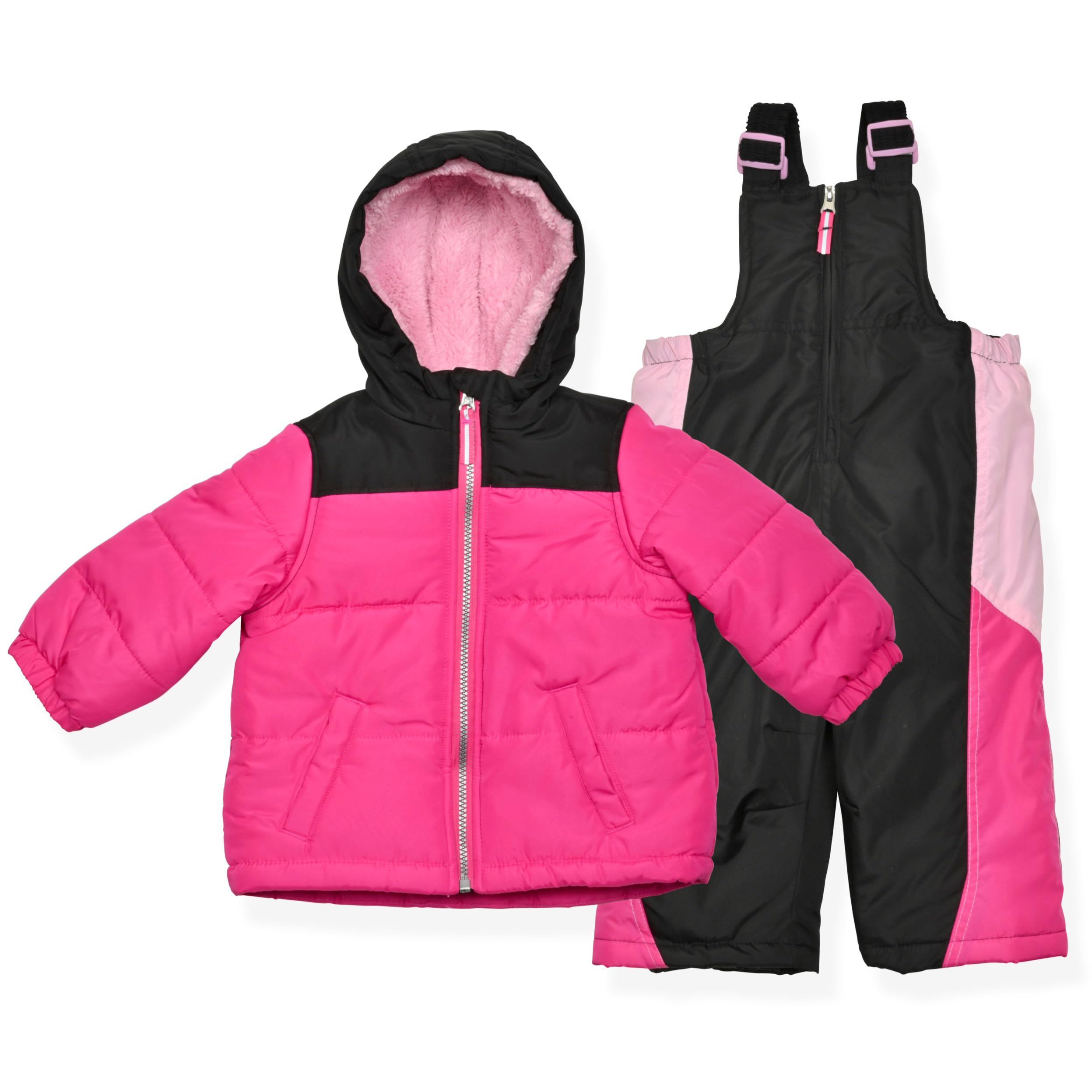 Arctic Quest Girls' Bib Snow Pants and Ski Jacket Water-Resistant Snowsuit For Kids Winter Hooded Jacket, Intense Pink 2, 4