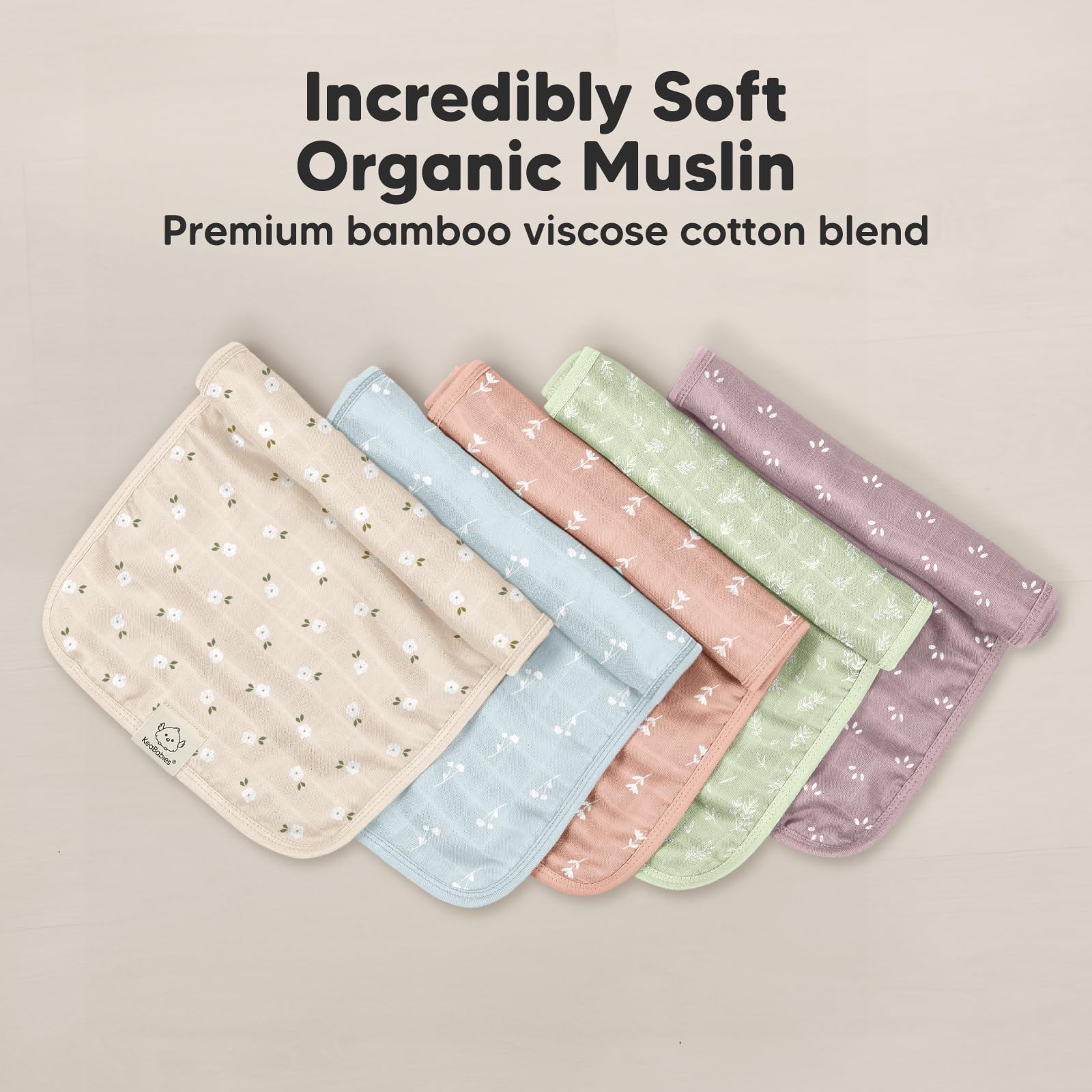 KeaBabies Cotton Muslin Burp Cloths Baby Boy, Girl, 5-Pack 20x10 (Bloom)