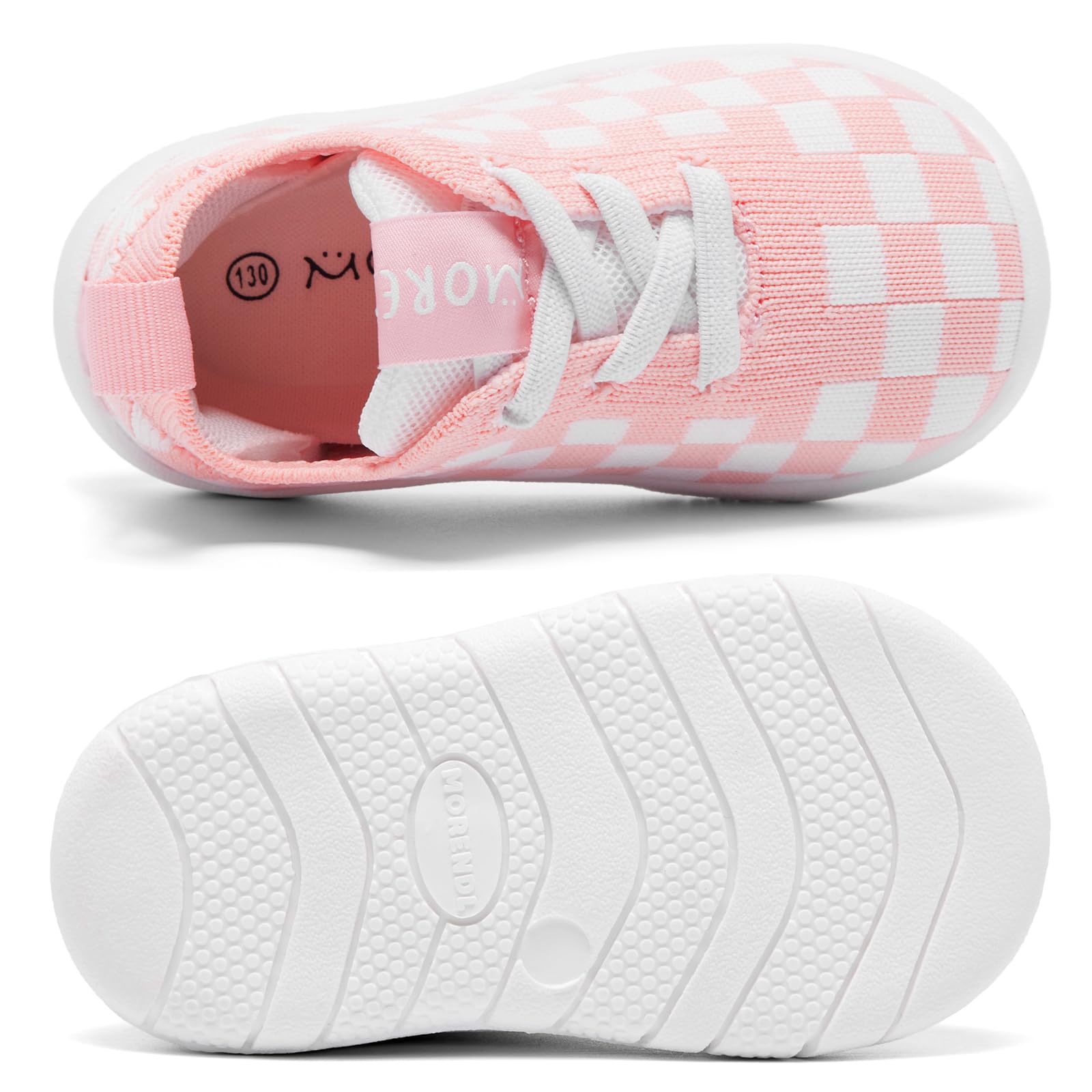 MORENDL Toddler Shoes Baby Walking Sock Shoes Infant Sneakers Boy Girl Barefoot Tennis Shoe Non-Slip Brethable Pink Check 12-15 Months