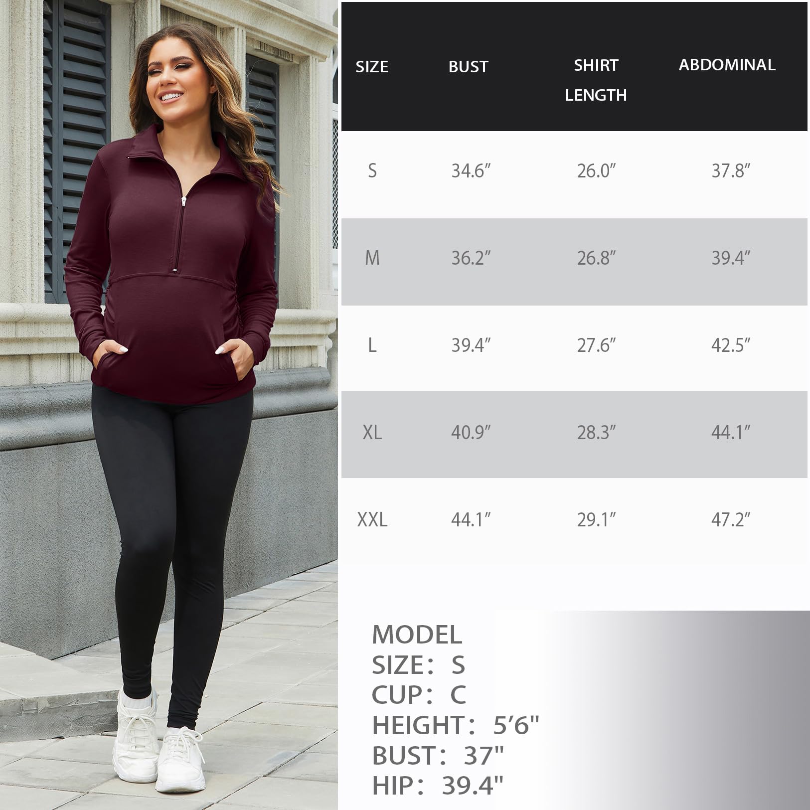 GINKANA Maternity Tops Comfortable Long Sleeve Lightweight Zip-up Shirts with Kanga Pocket,Wine Red,L