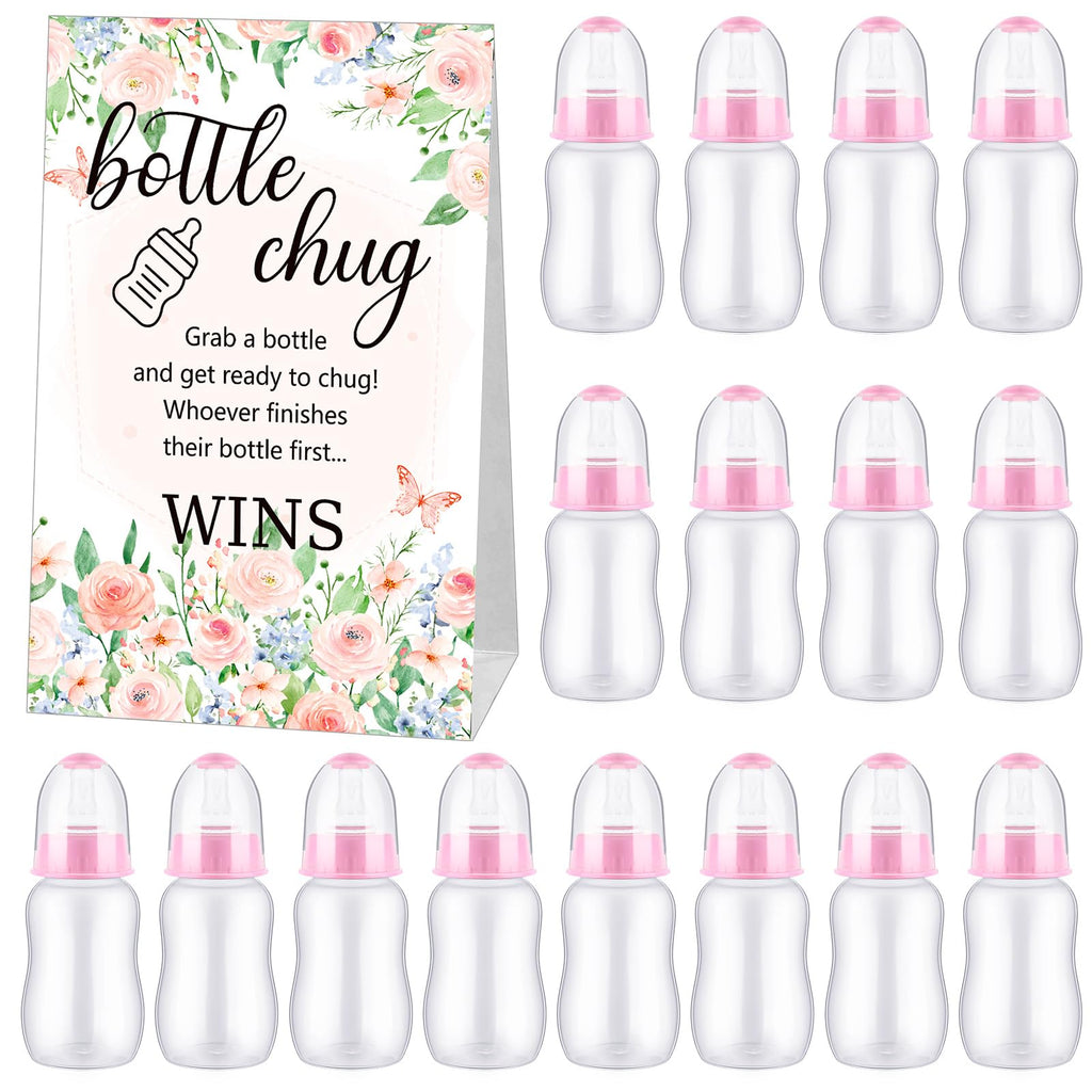 TrelaCo Bottle Chug Baby Shower Game 20 Pcs Baby Bottles Shower Favor with 1 Flowers Theme Sign for Gender Reveal Party Supplies Gifts(Pink)