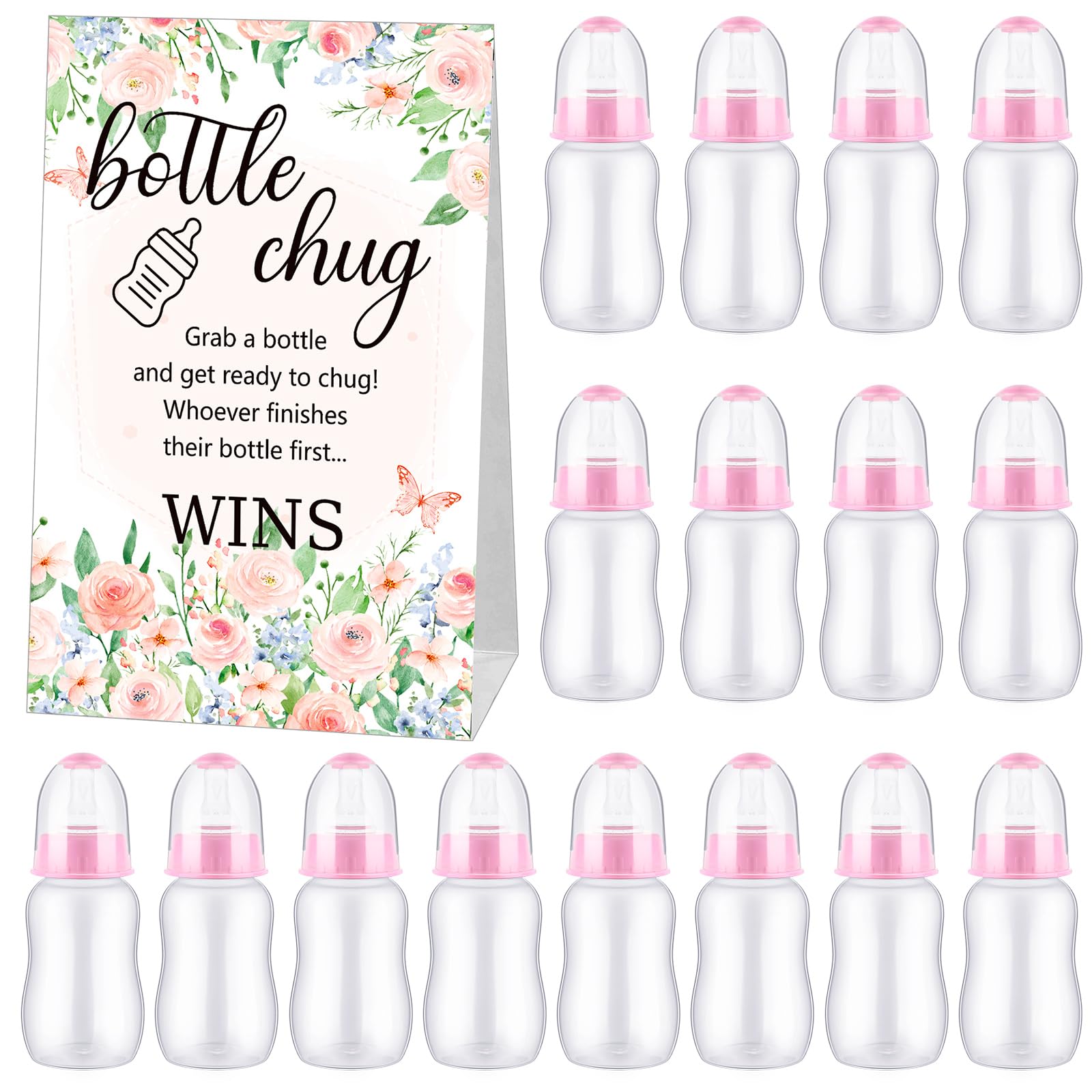TrelaCo Bottle Chug Baby Shower Game 20 Pcs Baby Bottles Shower Favor with 1 Flowers Theme Sign for Gender Reveal Party Supplies Gifts(Pink)