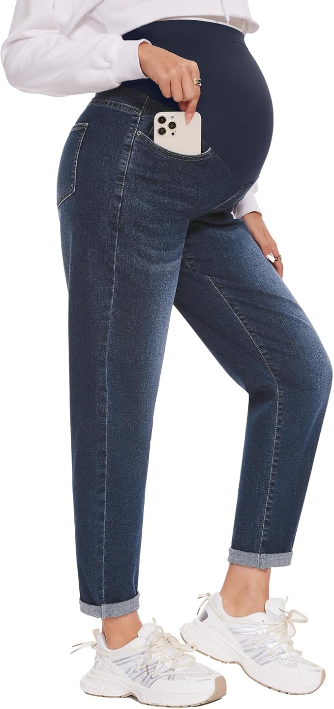 POSHGLAM Women's Maternity Jeans Over Belly Comfy Stretch 28'' Boyfriend Jeans Loose Pregnancy Pants, S-XXL