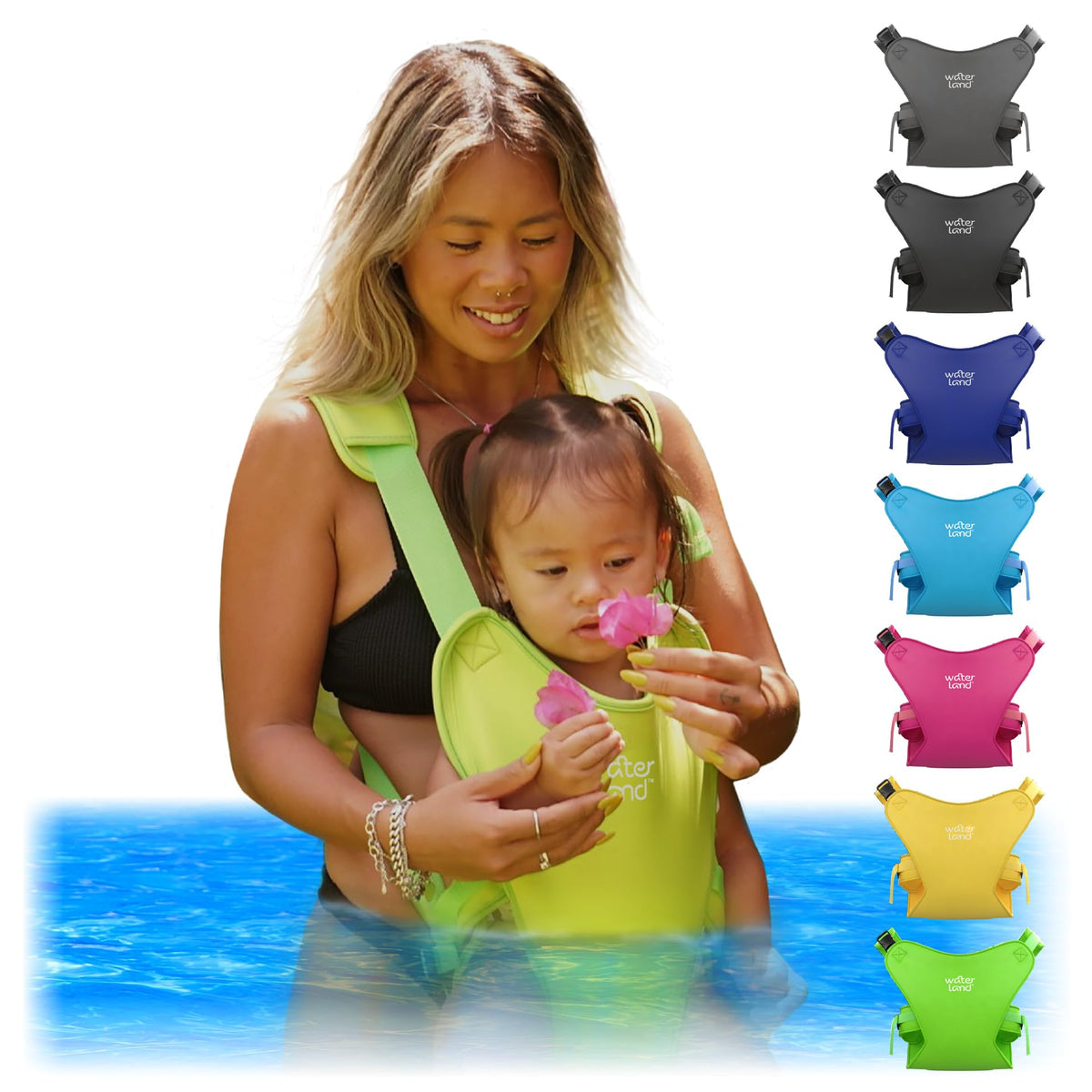 WaterLand Baby Carrier - Innovative Carrier You Can Use Both in Water & Land - Waterproof Infant Chest Holder with Adjustable Straps, Lightweight Toddler Harness for Pool & Beach (Black)