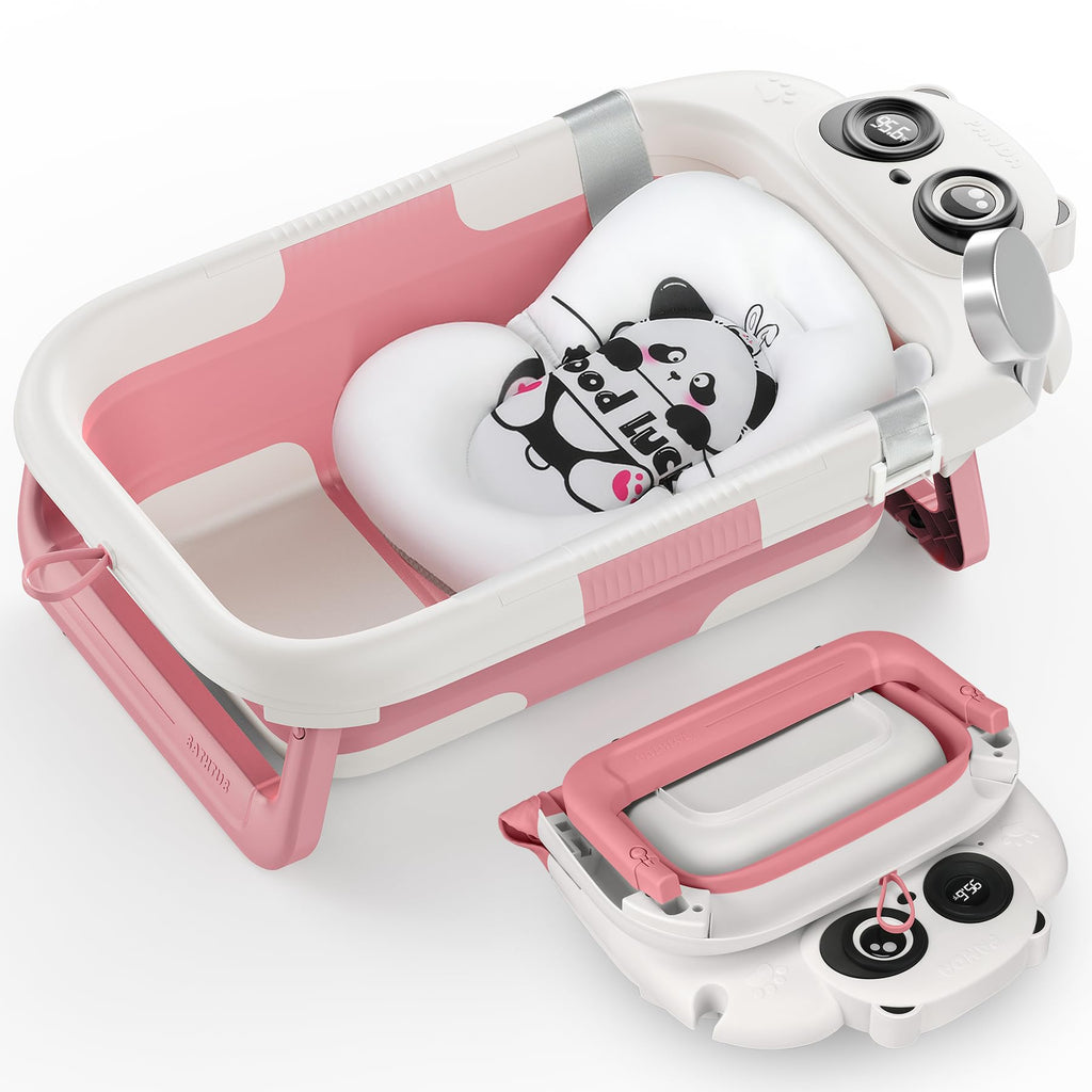 WXXM Foldable Baby Bathtub - 0-24M, Thermometer, Soft Cushion (Pink)