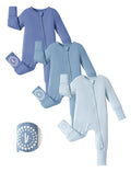 PATPAT Baby Footies Boys Girls - Bamboo Viscose - 2 Way Zipper & Non-Slip Soles Romper Mitten - Footed & Footless Infant Clothes Unisex Jumpsuit 2 Pack Blue 18-24 Months