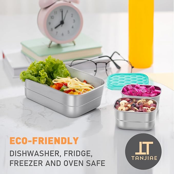 Small Stainless Steel Lunch Containers for Kids | Leak Proof Food Containers with Silicone Lids - Perfect Metal Food Containers with Lids for Kids School and Toddler Daycare (25oz+8oz*2)