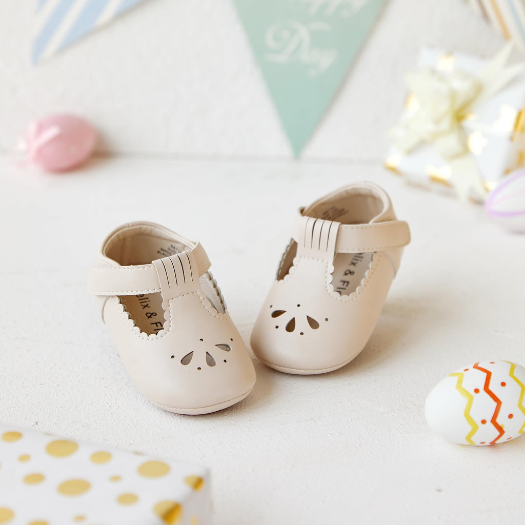 Felix & Flora Soft Sole Beige Baby Dress Shoes - Infant Baby Walking Shoes Moccasins Rubber Sole Crib (Beige,6-9Months Infant)