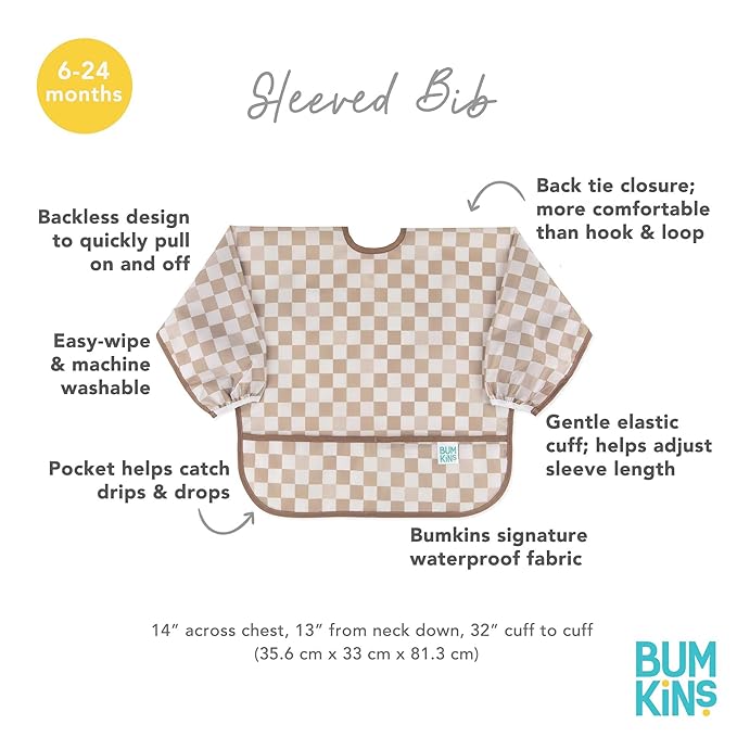 Bumkins Sleeved Bib for Girl or Boy, Baby and Toddler for 6-24 Mos, Essential Must Have for Eating, Feeding, Baby Led Weaning Supplies, Long Sleeve Mess Saving Food Catcher, Soft Fabric, Beige Check