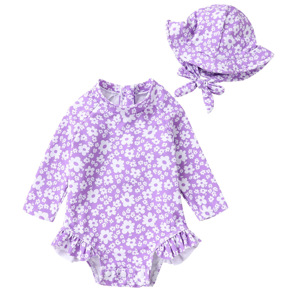 Infant Baby Girl Swimsuit One-Piece Long Sleeve Rash Guard with Hat Set Floral Zipper Bathing Suit Leopard Beach Wear(Purple#Flower,18-24 Months)