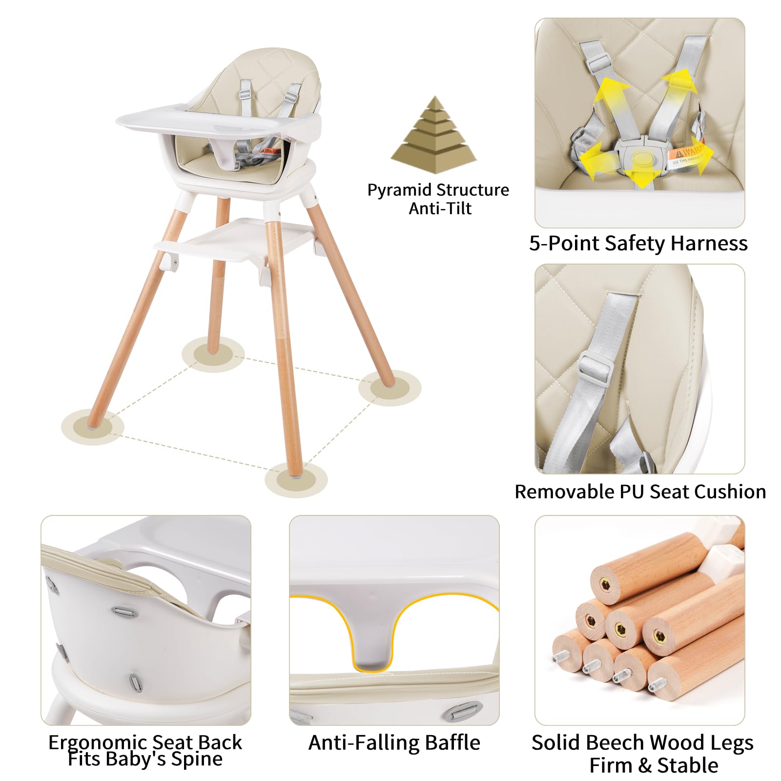 6 in 1 Baby High Chair, Convertible Wooden High Chairs, Beige