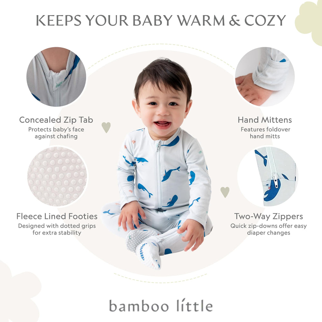 Bamboo Little Soft Baby Footie Pajamas, Baby Clothes, Newborn Sleepers, 95% Viscose and 5% Spandex, Whale, 12-18 Months
