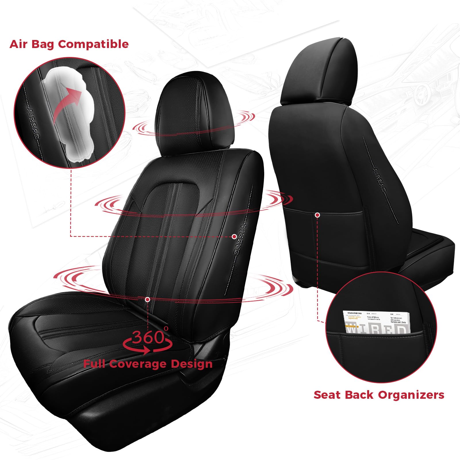FREESOO Leather Seat Covers Full Set for Cars Trucks SUV, Black