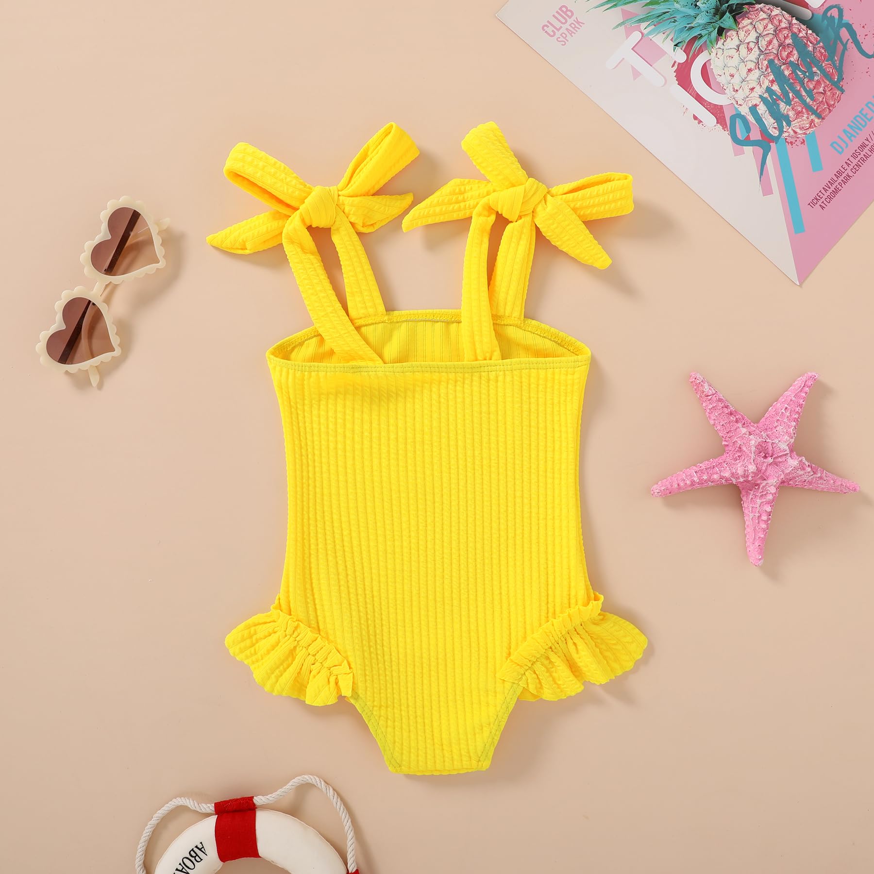 Happy Town Toddler Swimsuit Girl Solid Color Stripe One-Piece Baby Bathing Suits (Solid Yellow, 2-3 Years)