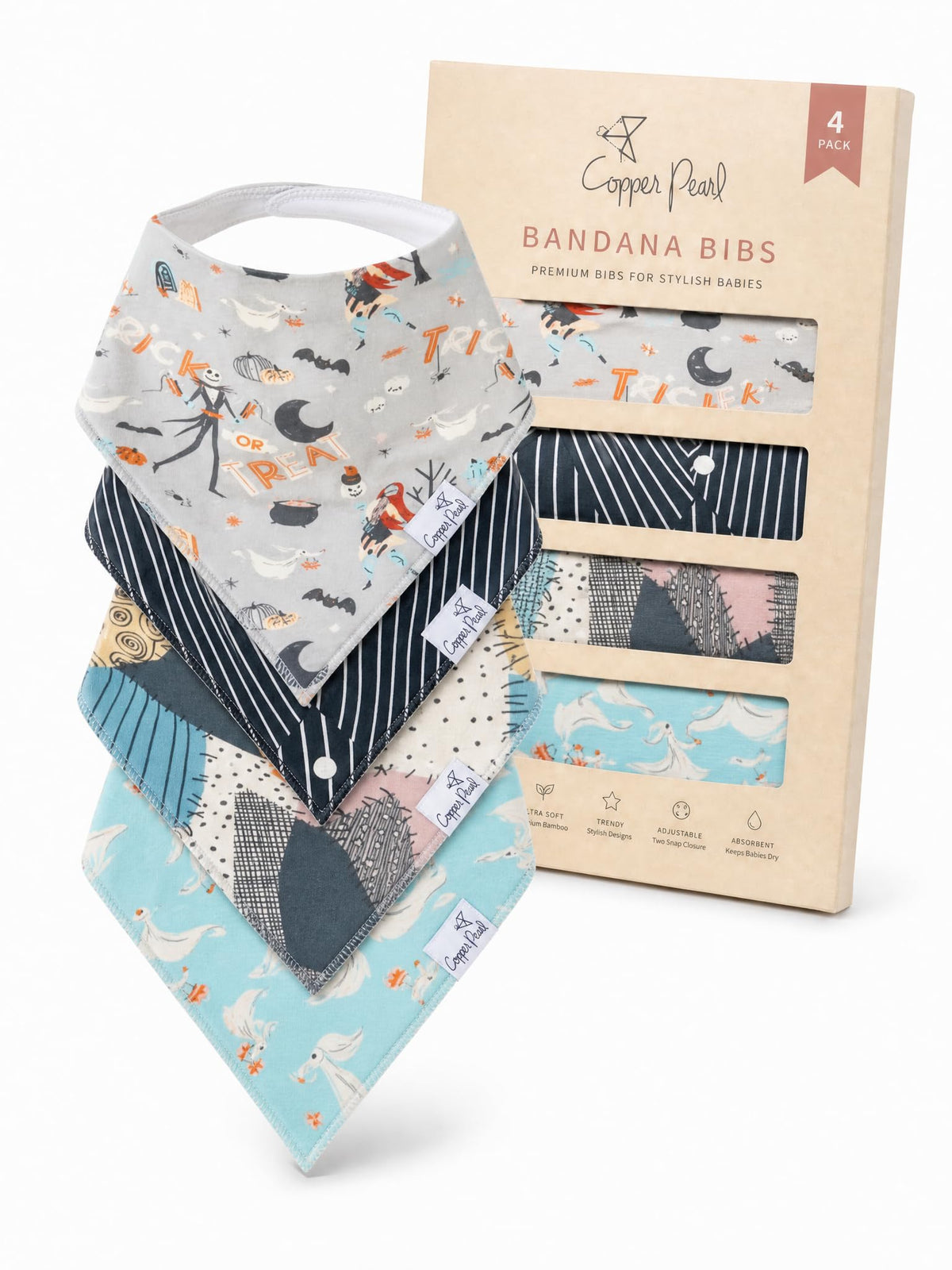 Copper Pearl Baby Bibs for Baby Boy or Girl – Bandana Drool Bibs for Teething, Absorbent Bibs for Eating, Newborn to Toddler, 4 Pack, Black Basics