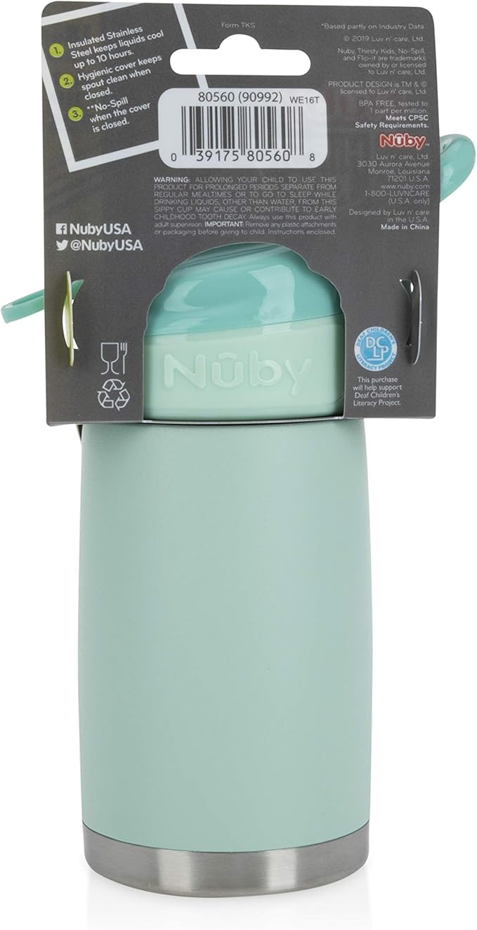 Nuby Thirsty Kids No Spill Flip-It Reflex Stainless Steel Travel Cup or Water Bottle - 10 Oz - 18+ Months - Aqua Mint - Back to School Essentials