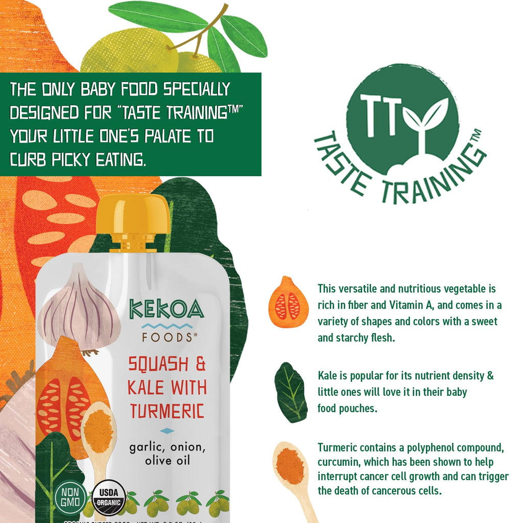 Kekoa Foods Squash & Kale with Turmeric Baby Food Purée | 100% USDA Certified-Organic Vegetarian Squeeze Pouch | Organic, Non-GMO, Gluten-Free, Vegan | Nutritious First Food for Babies | 3.5 oz