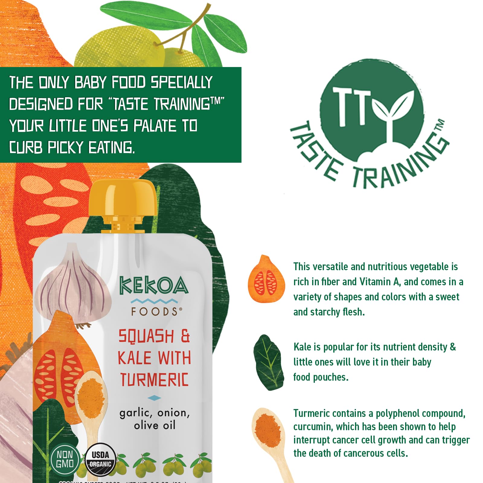 Kekoa Foods Squash & Kale with Turmeric Baby Food Purée | 100% USDA Certified-Organic Vegetarian Squeeze Pouch | Organic, Non-GMO, Gluten-Free, Vegan | Nutritious First Food for Babies | 3.5 oz