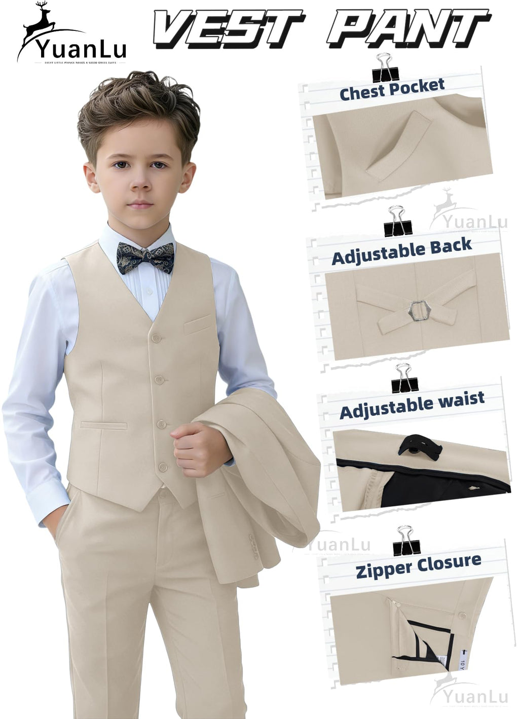 YuanLu Kids Suits for Boys Light Champagne Slim Fit Toddler Tuxedo Size 5T