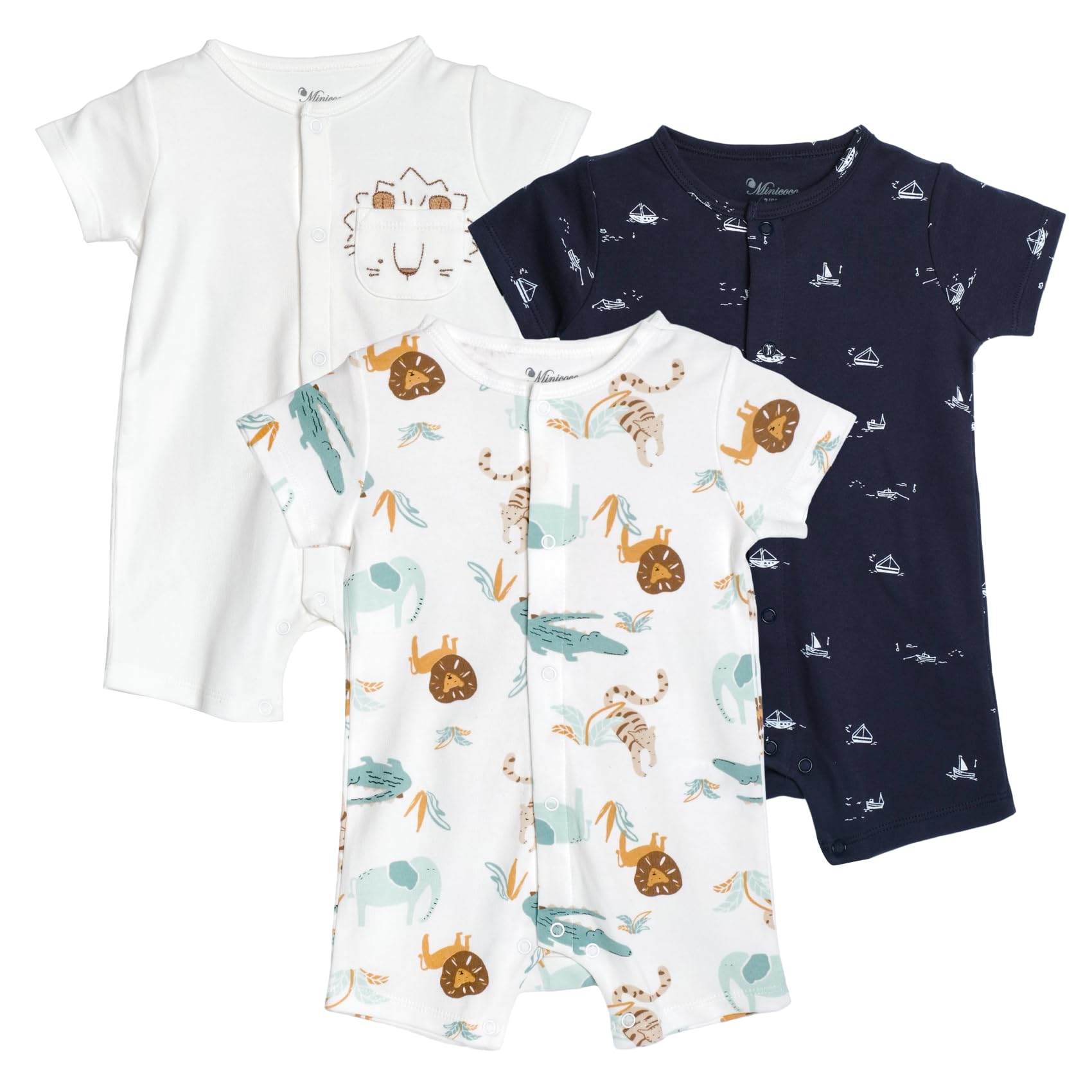 Minicoco 3-Pack 100% Cotton Baby Boy Rompers,0-24Months Short Sleeve Toddler Romper,Breathable Spring/Summer Clothes