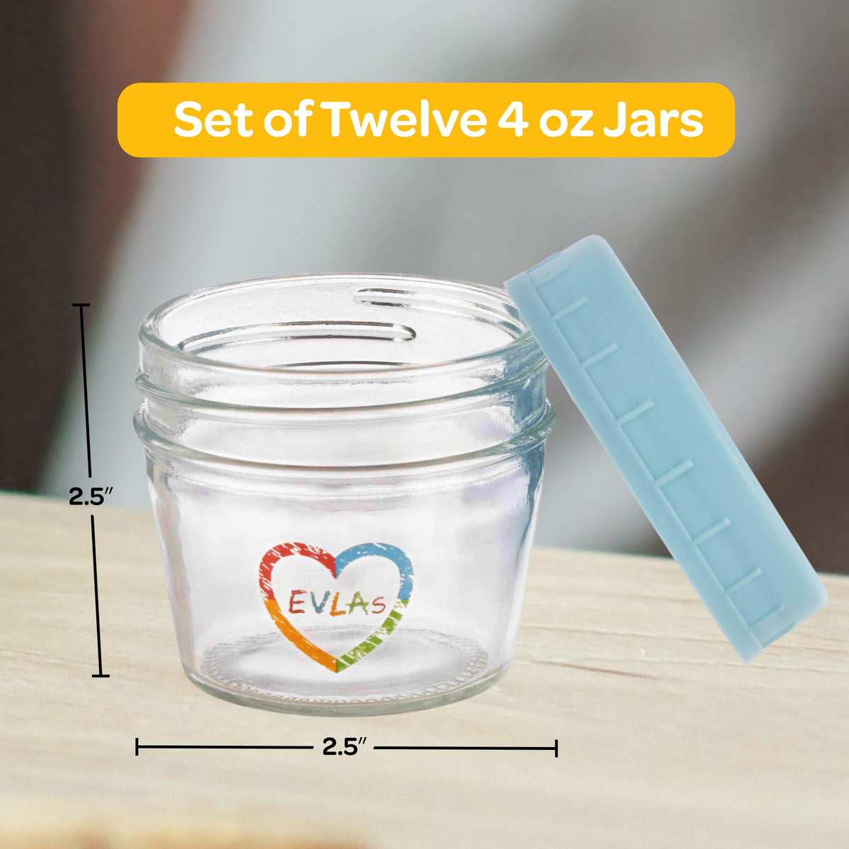 EVLA'S Baby Food Containers, 4oz Glass Jars with Lids, 12-Pack