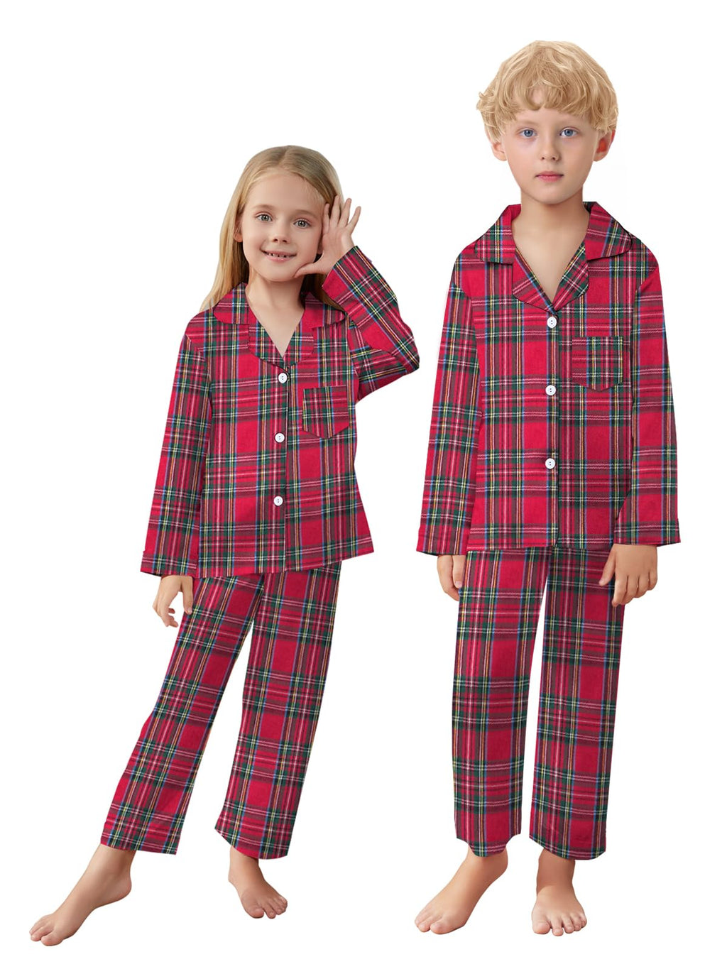 Family Pajamas Set, Kids Plaid Long Sleeve Lounge Set Button Down Pj Sets, Scottish Red, 13-14 Years = Tag 170