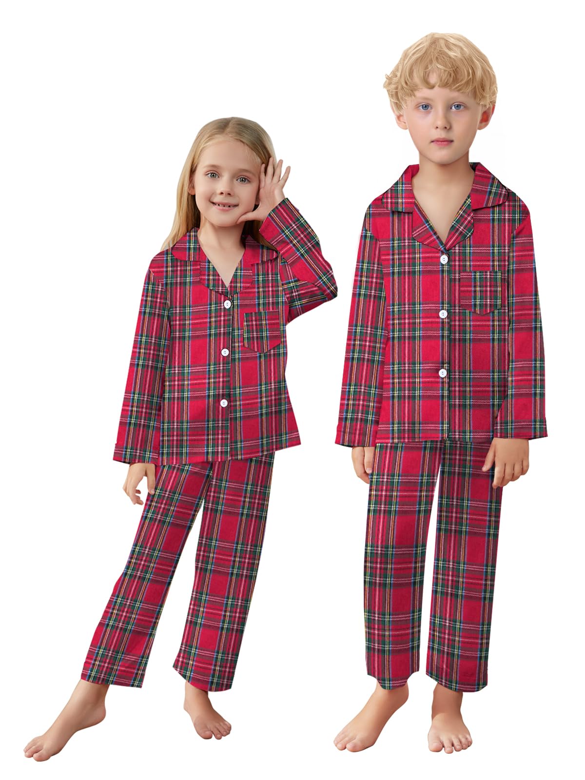 Family Pajamas Set, Kids Plaid Long Sleeve Lounge Set Button Down Pj Sets, Scottish Red, 13-14 Years = Tag 170