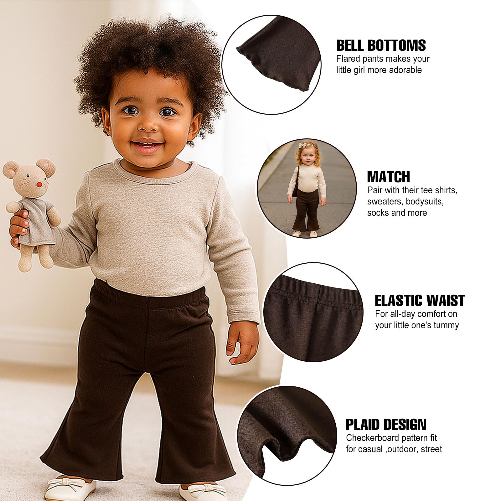 SOBOWO Checkered Baby Girl Flare Pants 3 Pack Toddler Bell Bottoms Plaid Ruffle Leggings Pants Fall Winter Outfits Size 6M-4T(18-24 Months, Brown&Pink Plaid/Brown/Caramel&White Plaid)